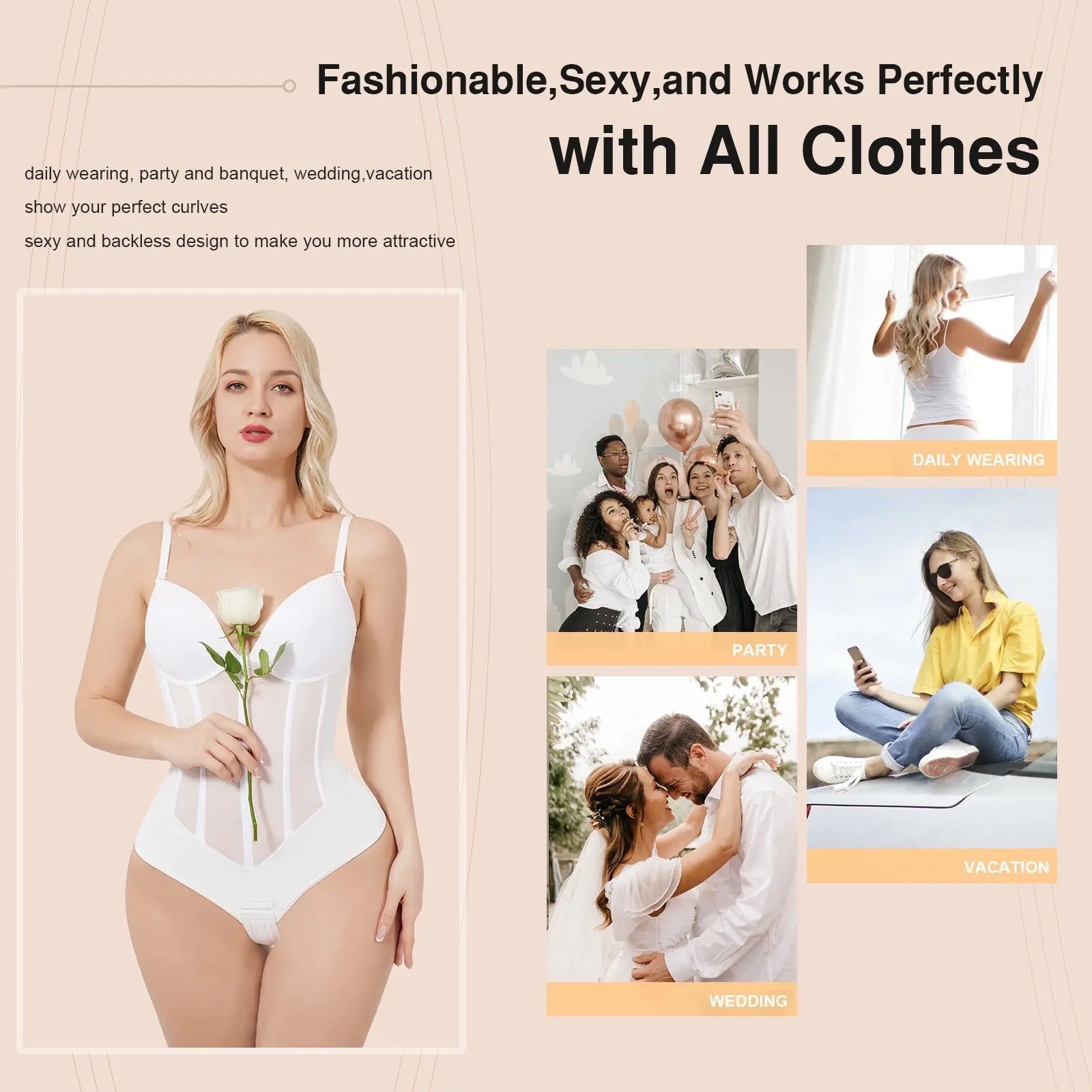 White Plunge Backless Bodysuit Shaper With Built-In Bra And Velvet Boned Corset CocoLolos