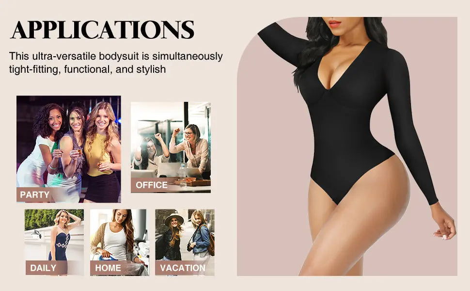 Cinnamon Long Sleeve Deep-V Contoured Control Bodysuit CocoLolos