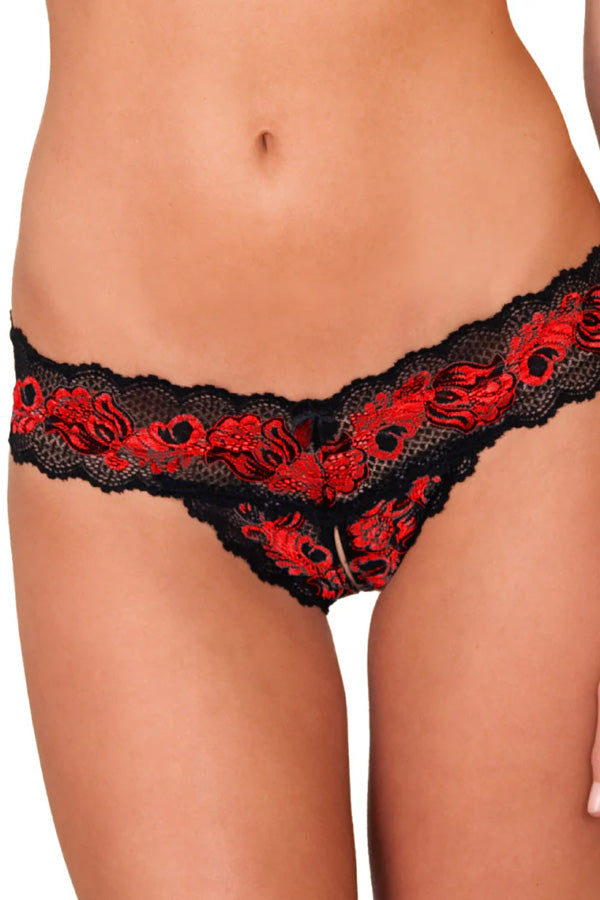 Plus Size Red Crotchless Lace V-Thong