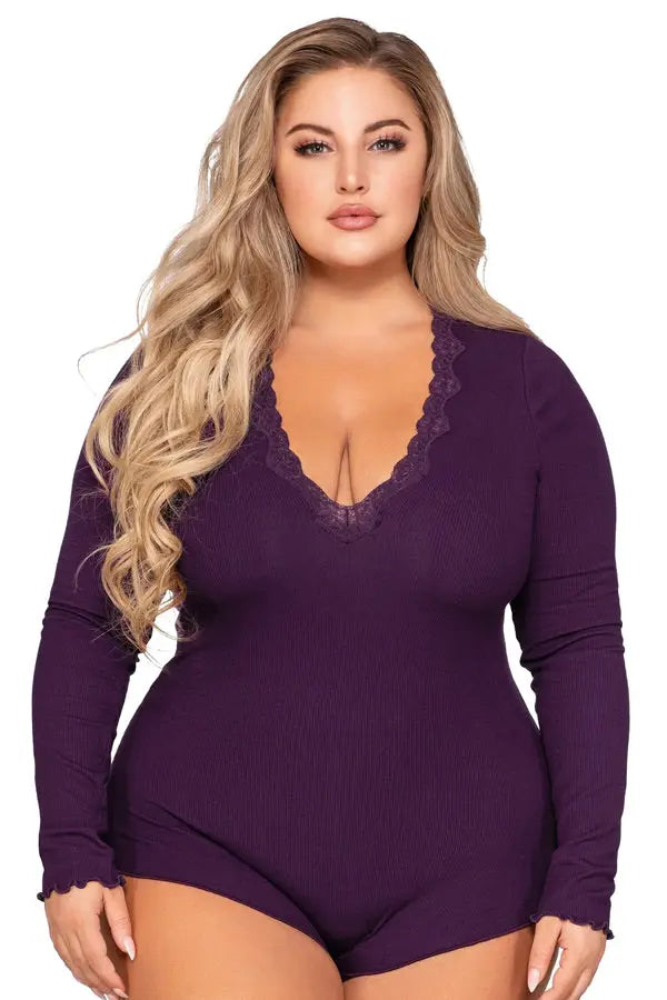Plus Size Purple Stretch Rib Knit Sleepwear Romper with Plunge Neckline Dreamgirl