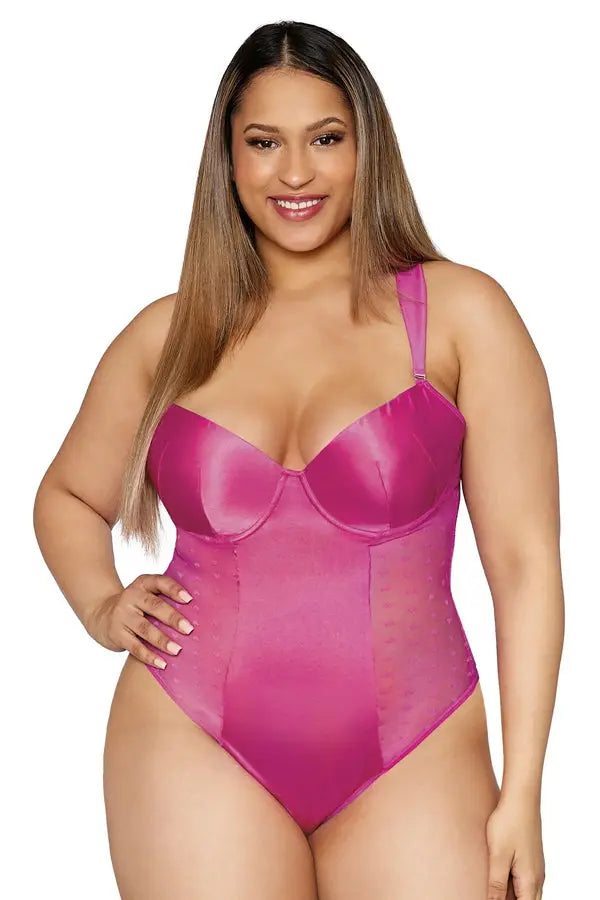 Plus Size Hot Pink Stretch Satin and Heart Mesh Teddy Dreamgirl