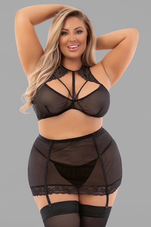 Plus Black Mesh 2 piece Garter Skirt and Bra