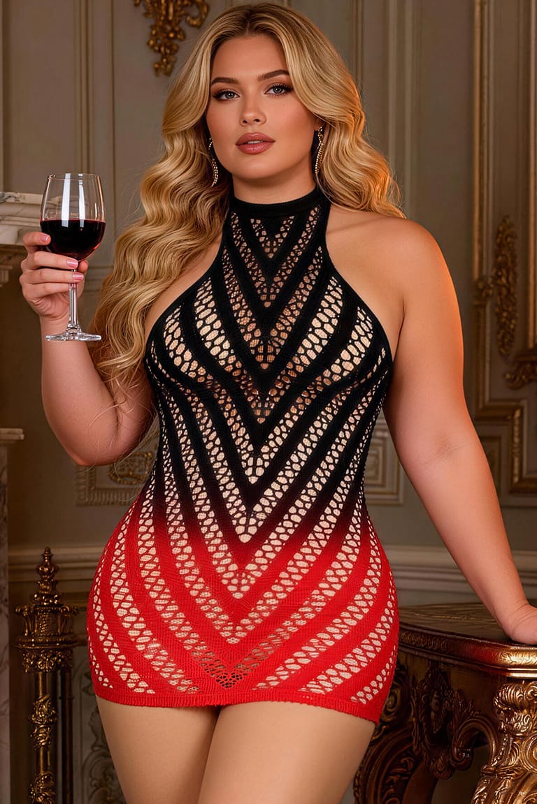 Plus Size Black And Red Two-Color Gradient Stretchy Fishnet Chemise Dress