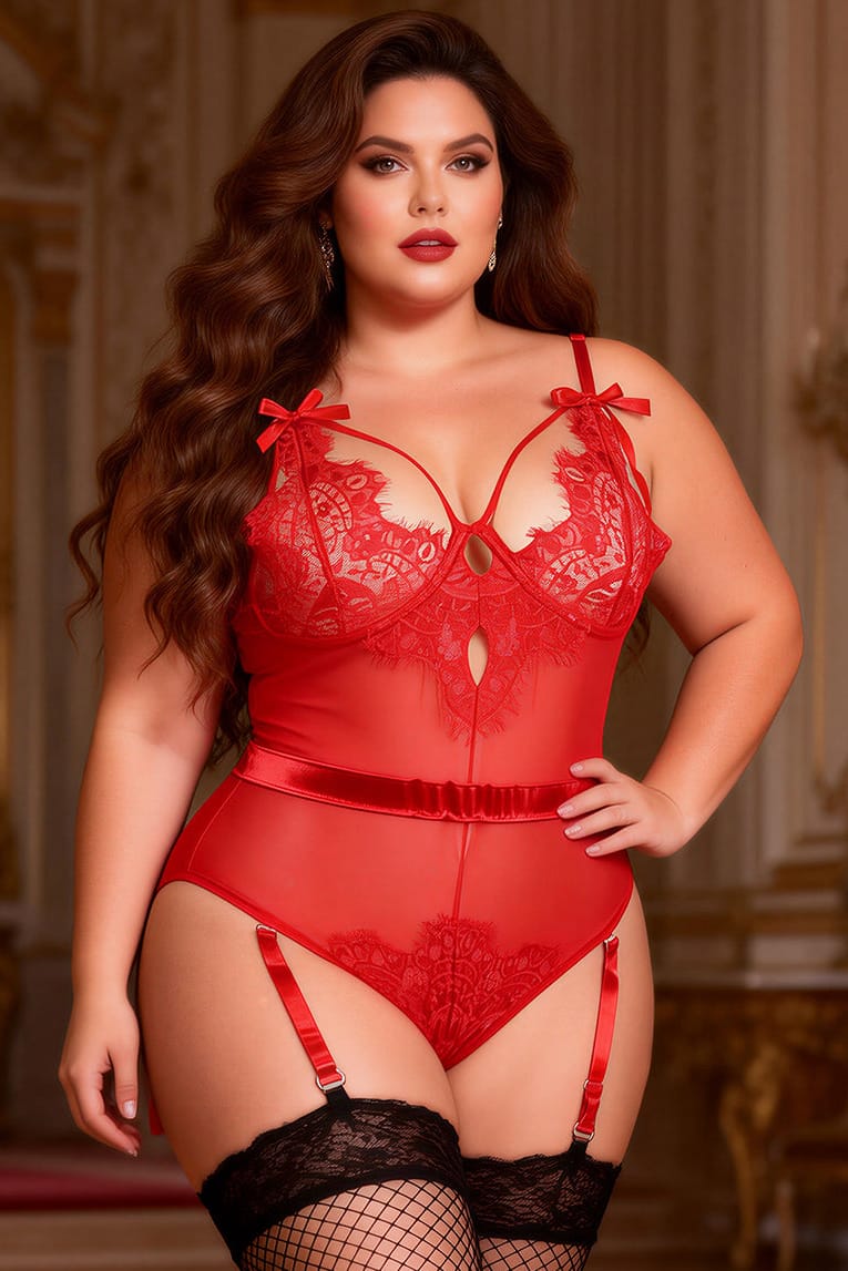 Plus Size Red Mesh and Lace Cut-Out Teddy
