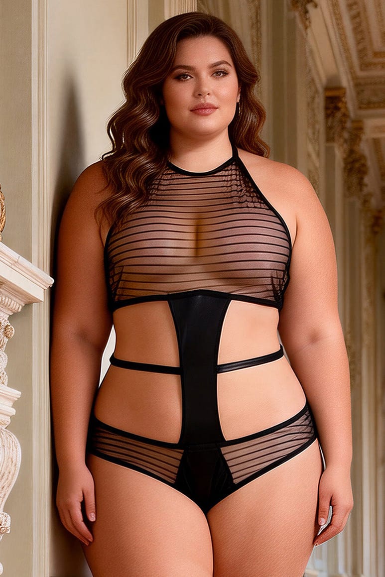Plus Size Black Striped Mesh Teddy