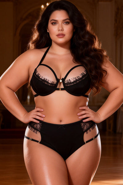 Plus Size Black Strappy Eyelash Lace Bra and Panty Set