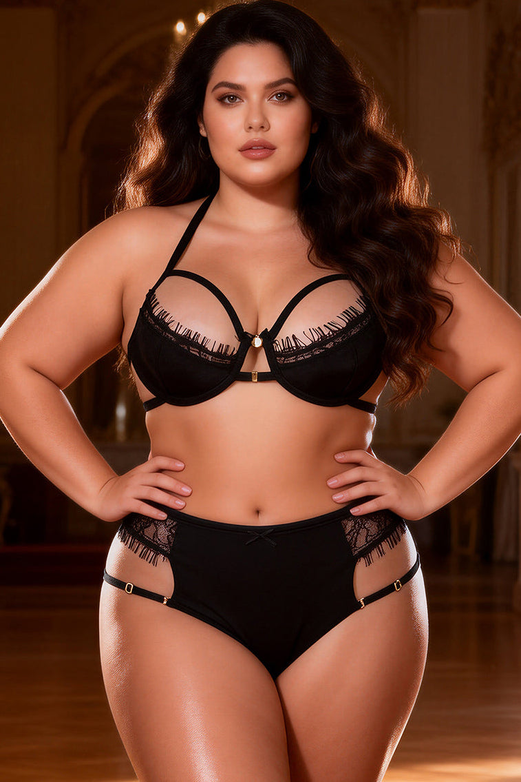 Plus Size Black Strappy Eyelash Lace Bra and Panty Set