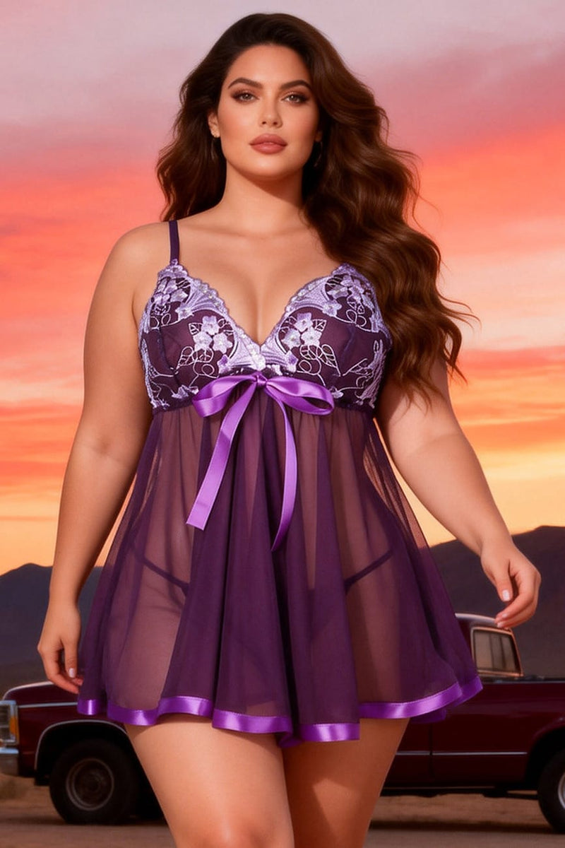 Plus Size Purple Sheer Mesh Babydoll