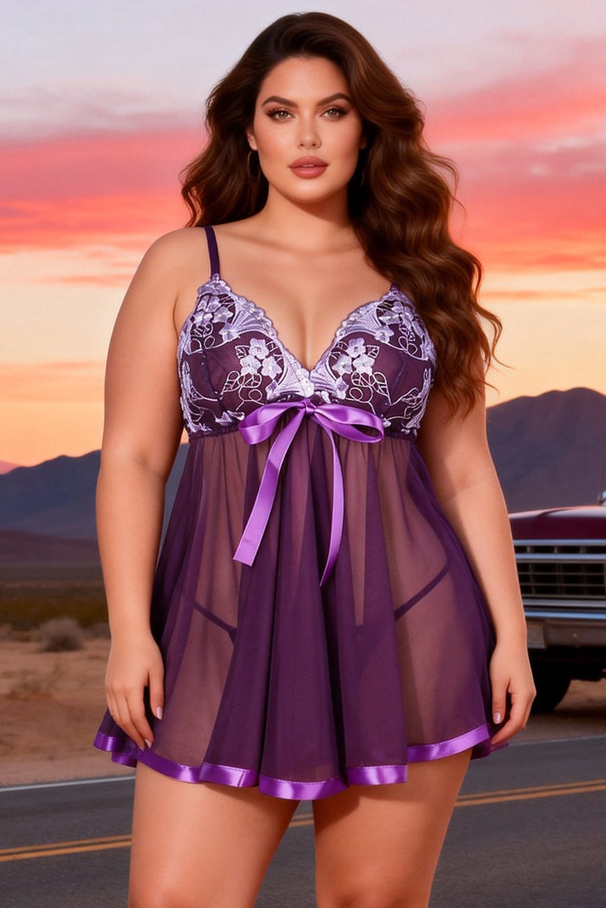 Plus Size Purple Sheer Mesh Babydoll