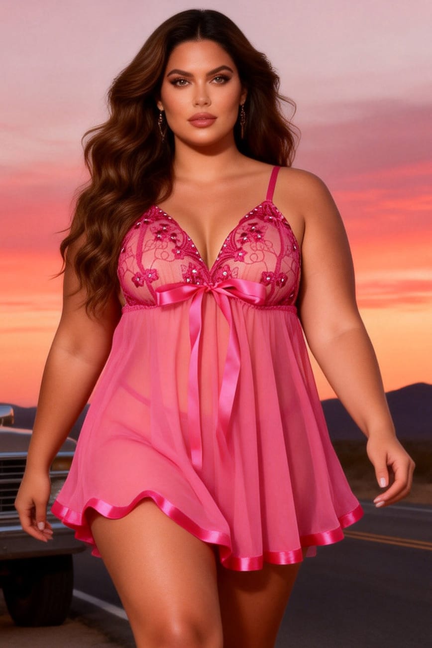 Plus Size Hot Pink Sheer Mesh Babydoll