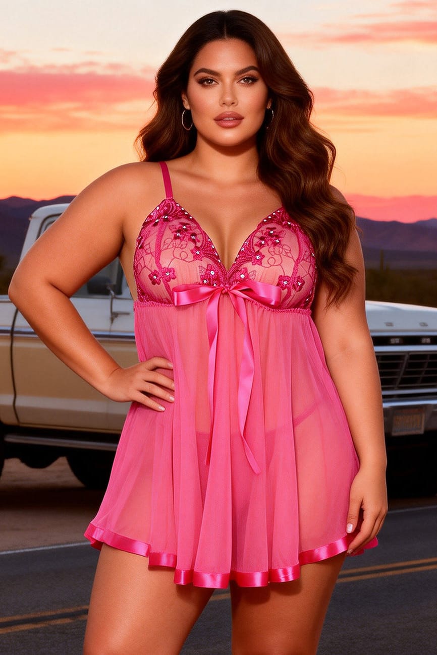 Plus Size Hot Pink Sheer Mesh Babydoll