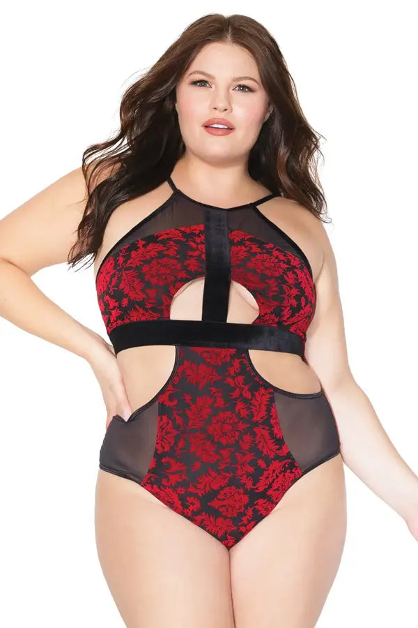 Plus Cut-Out Red Halter Teddy Coquette