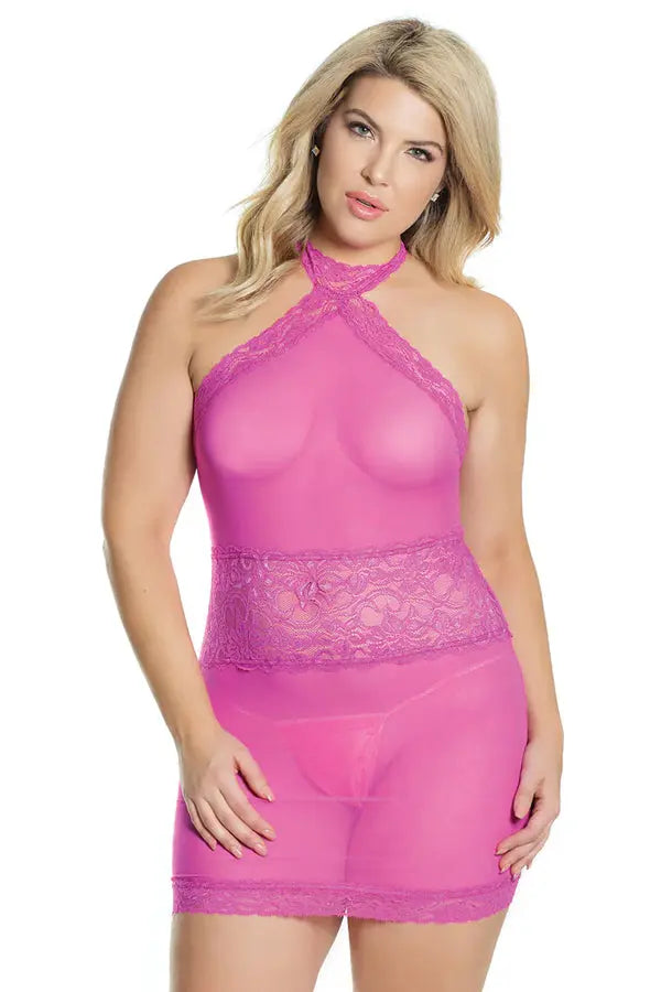 Plus Magenta Mesh Lace Chemise Coquette