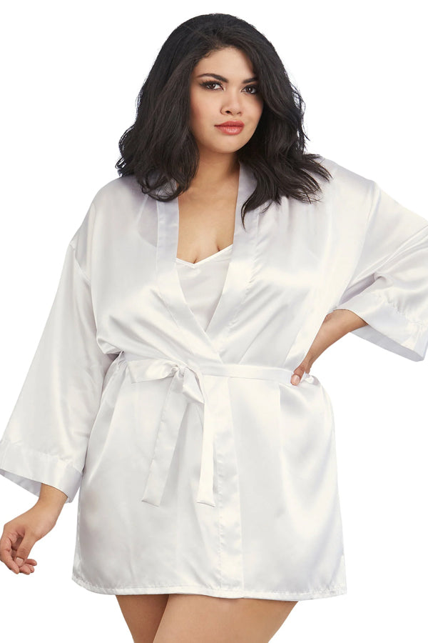 Plus Size White Satin Robe & Chemise Set