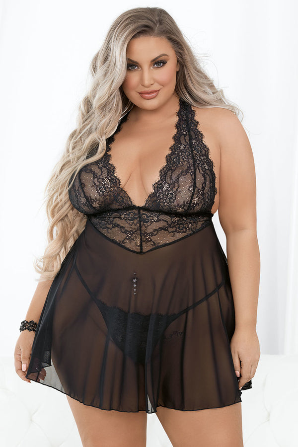 Plus Size Black Lace Halter Babydoll