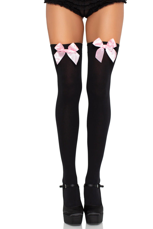 Pink Bow with Black Opaque Thigh Highs