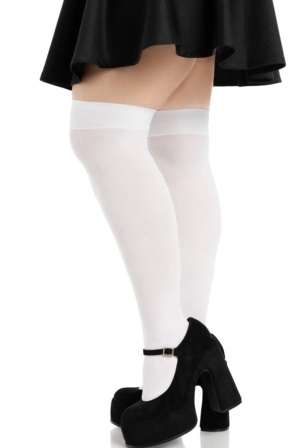 Plus Size White Opaque Thigh Highs