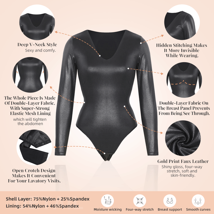 Black Vegan Leather Deep-V Long Sleeve Shaping Bodysuit CocoLolos