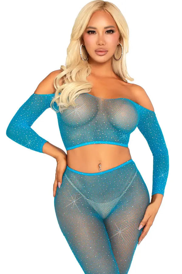 Neon Blue Captivating Crush Crop Top and Leggings Set Leg Avenue