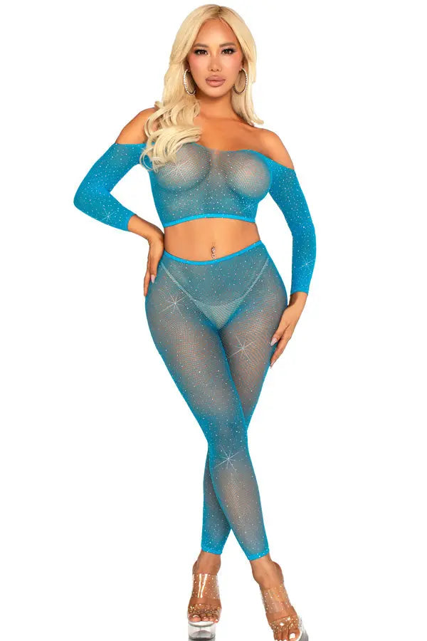Neon Blue Captivating Crush Crop Top and Leggings Set Leg Avenue