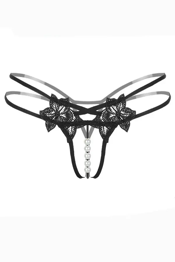 Black Open Front Pearl Lace Thong FineToo
