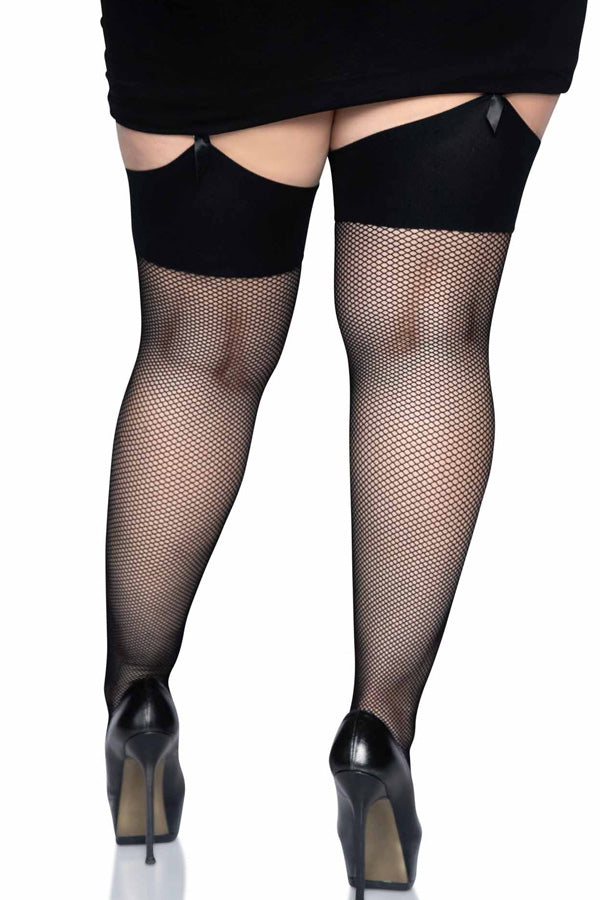 Plus Size Wide Band Fishnet Thigh High Stockings