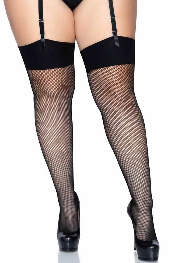 Plus Size Wide Band Fishnet Thigh High Stockings