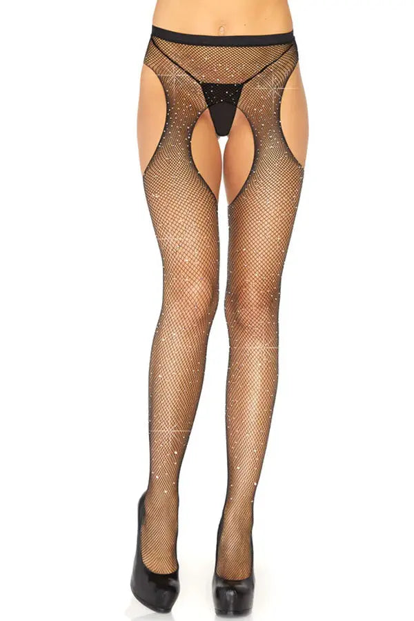 Black Casey Rhinestone Fishnet Suspender Pantyhose Leg Avenue