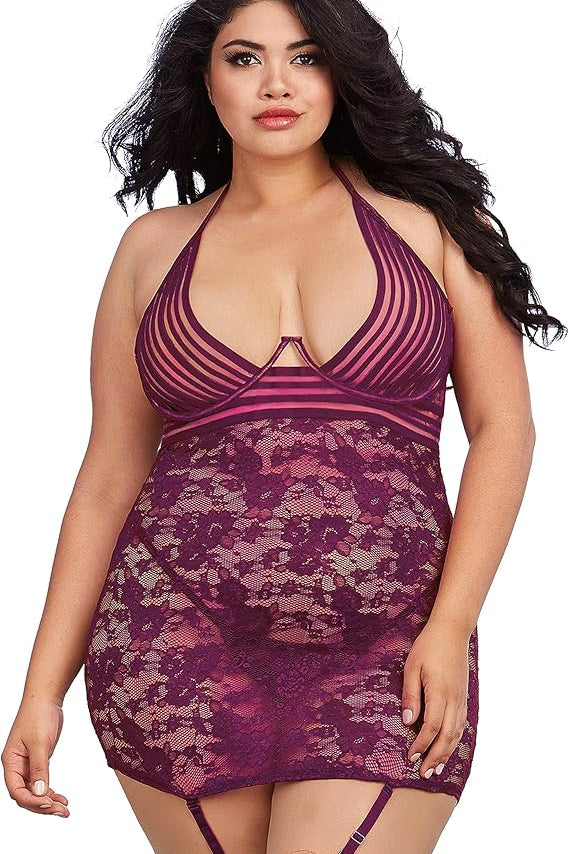 Plus Size Garter Slip with Sheer Stripped Elastic Details