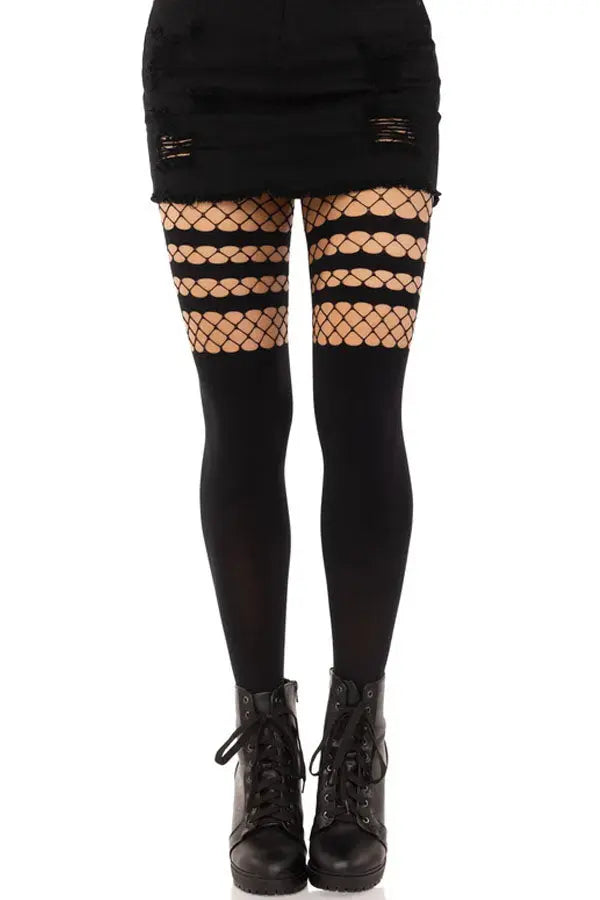 Black Ada Tights with Fishnet Accent Leg Avenue