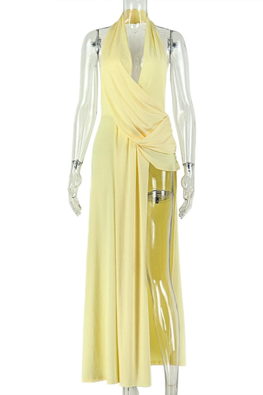 Sexy Yellow Halter Plunging Maxi Dress