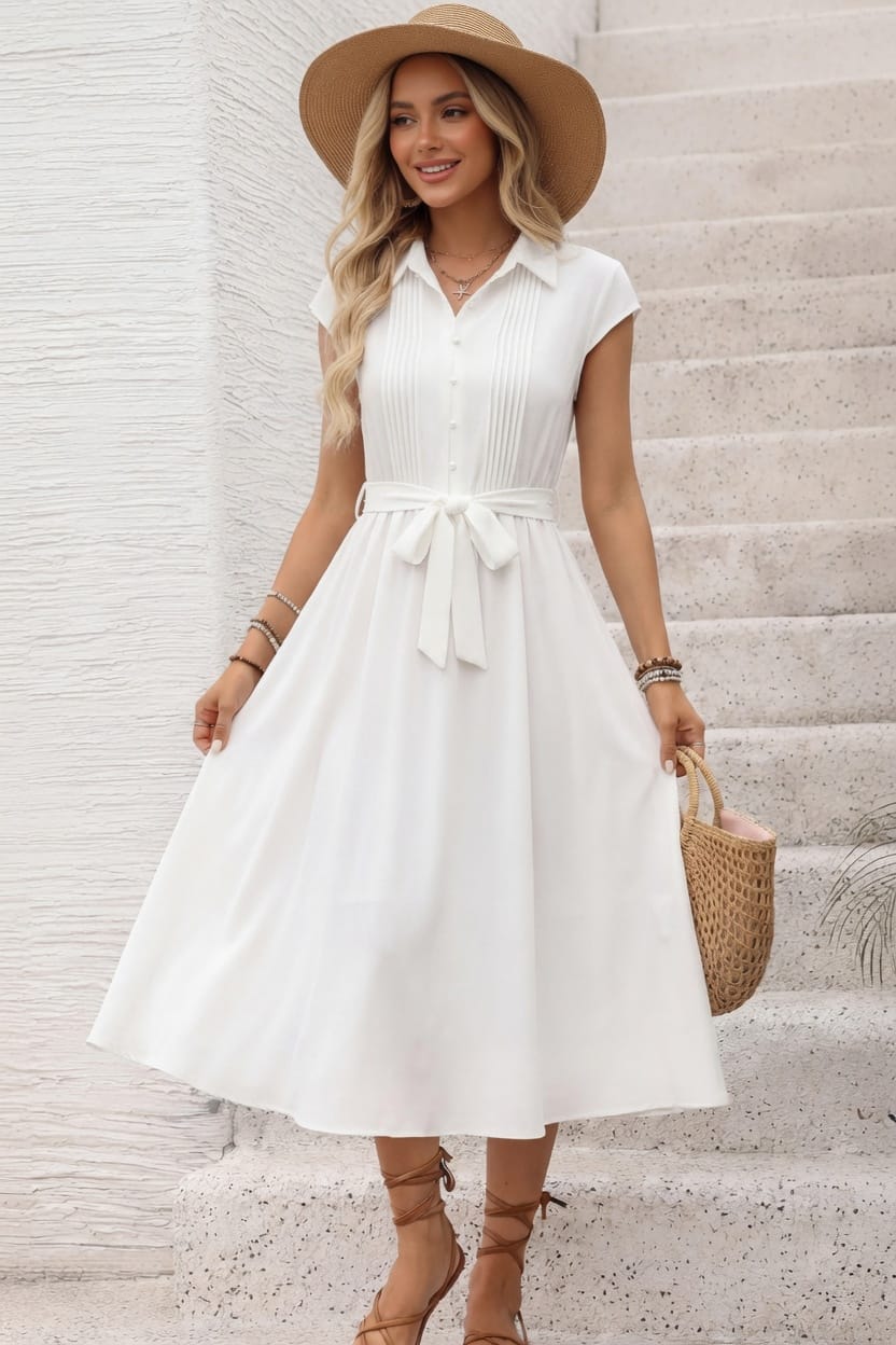 White Collared Button-Down Midi Shirt Dress