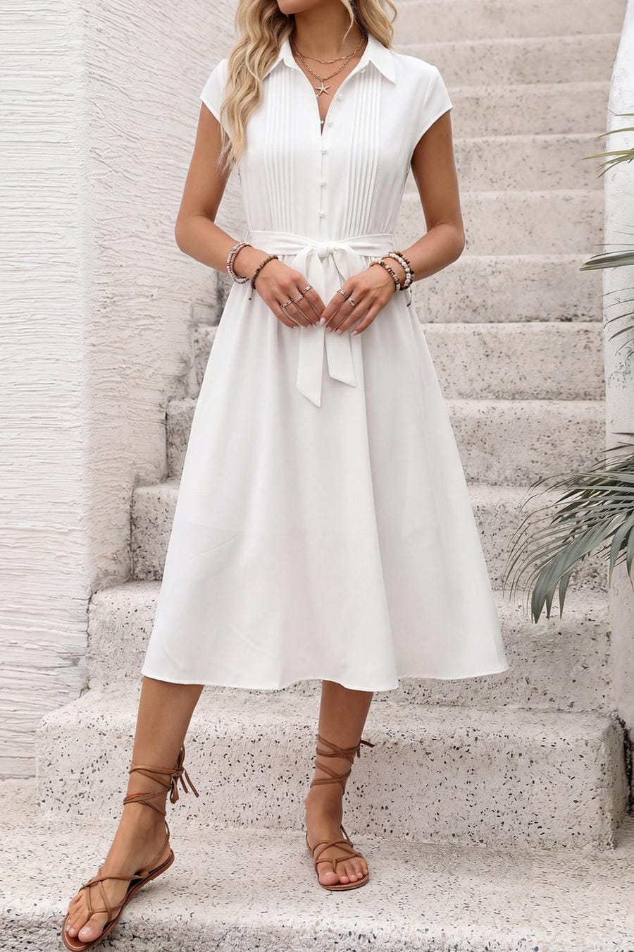 White Collared Button-Down Midi Shirt Dress