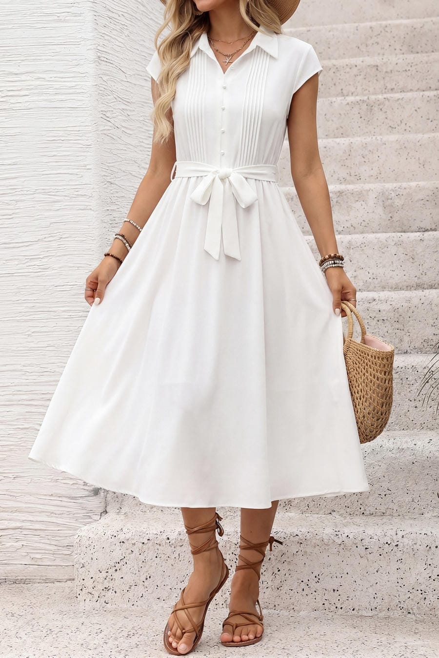 White Collared Button-Down Midi Shirt Dress