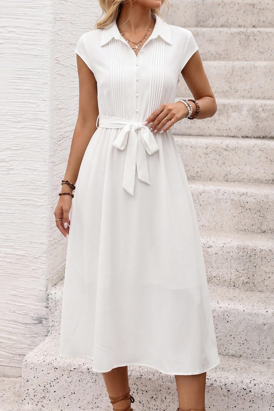 White Collared Button-Down Midi Shirt Dress