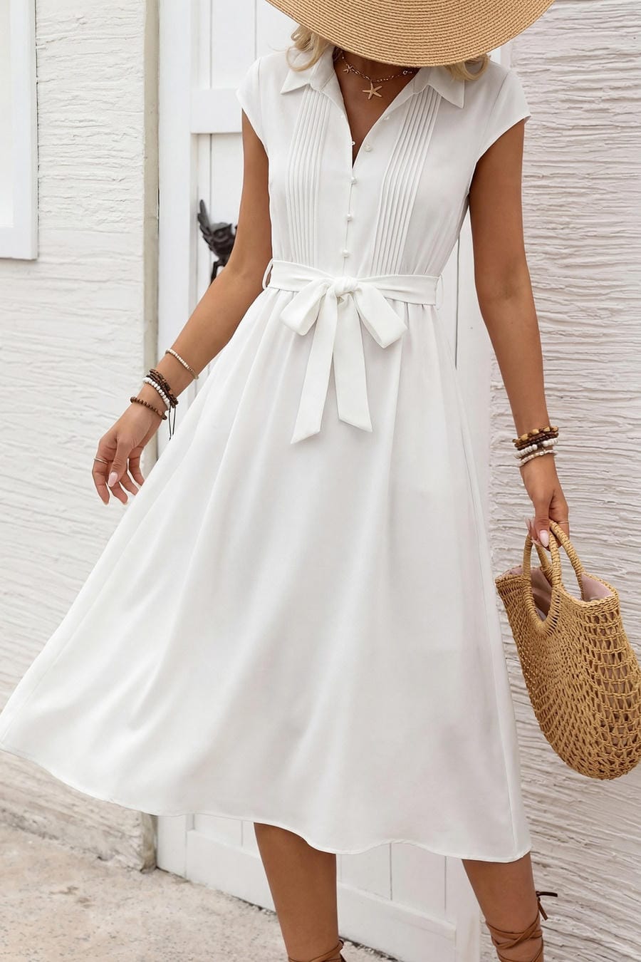 White Collared Button-Down Midi Shirt Dress
