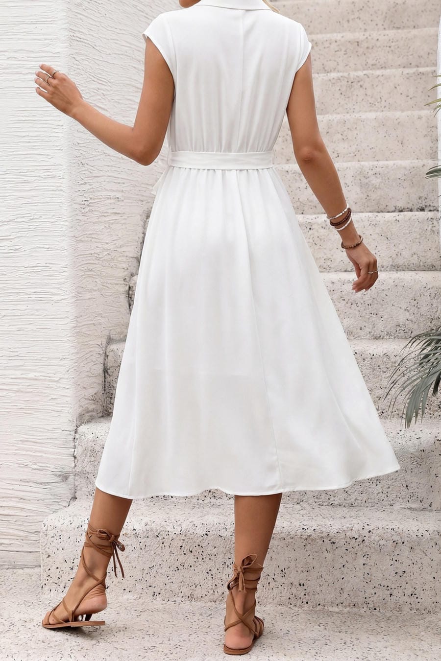 White Collared Button-Down Midi Shirt Dress