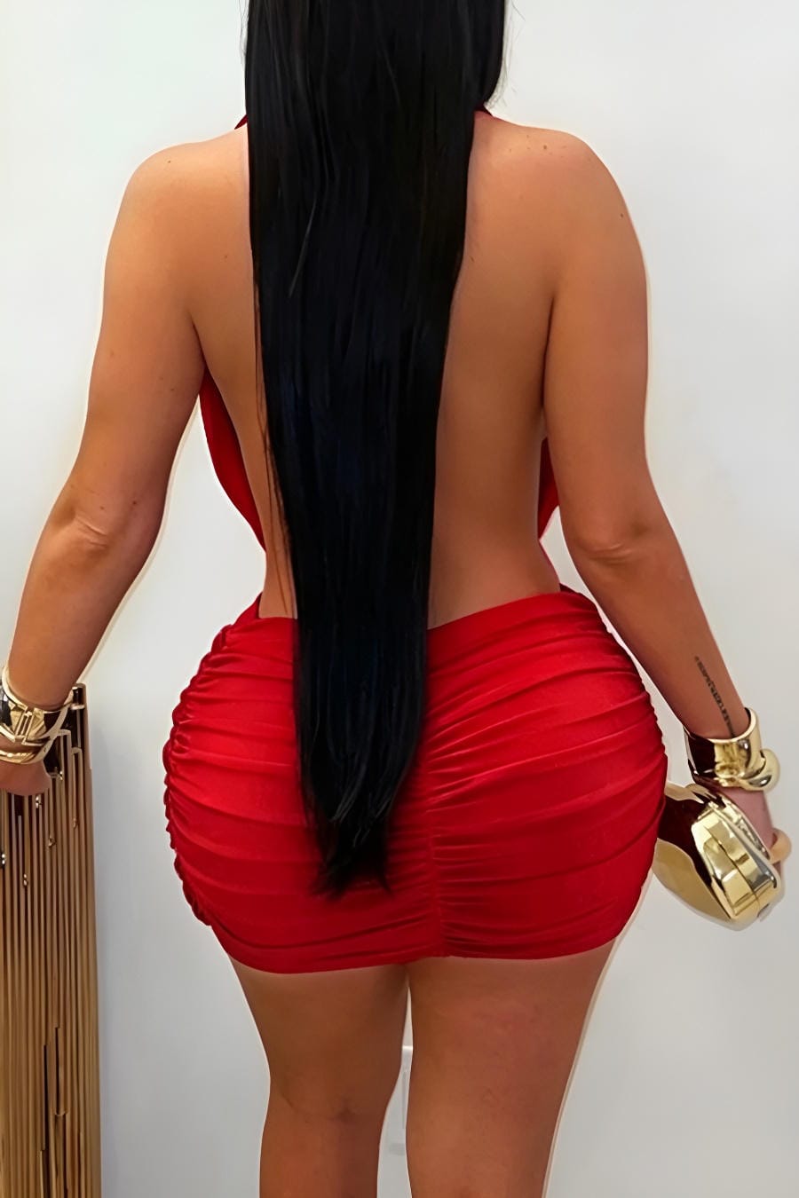 Red Braided Plunge Halter Mini Dress