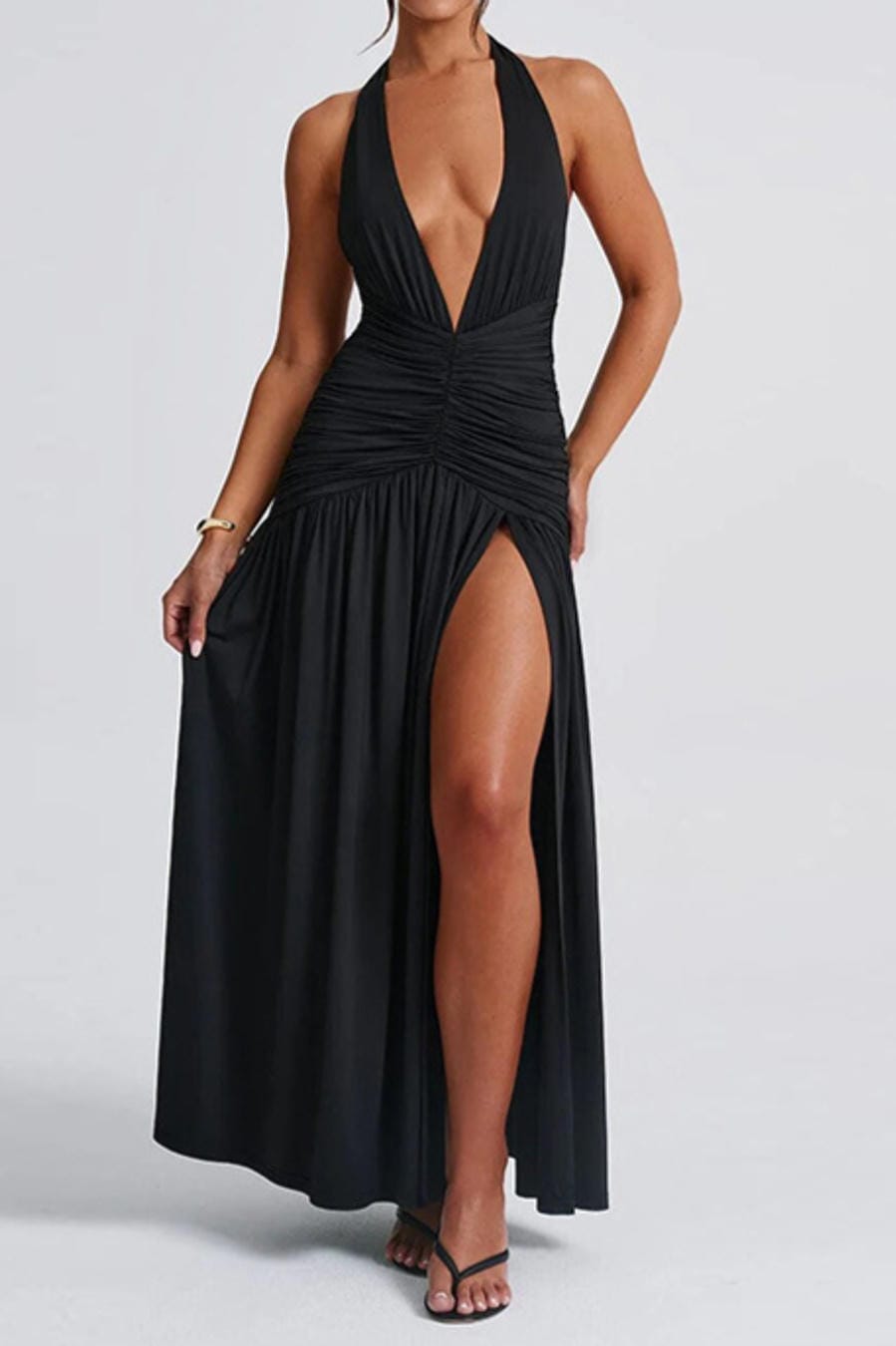 Black Deep V Halter Ruched Maxi Dress