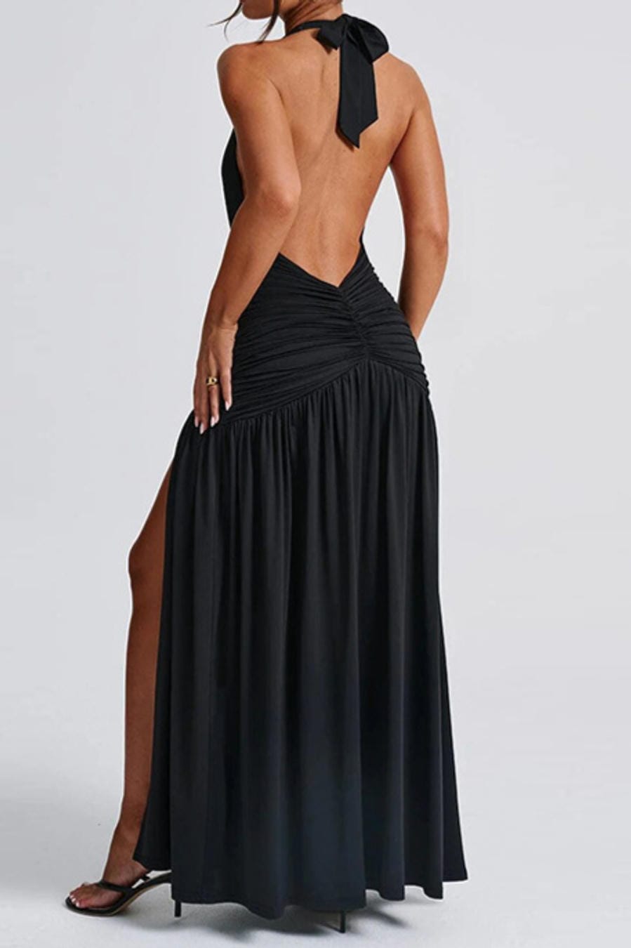 Black Deep V Halter Ruched Maxi Dress