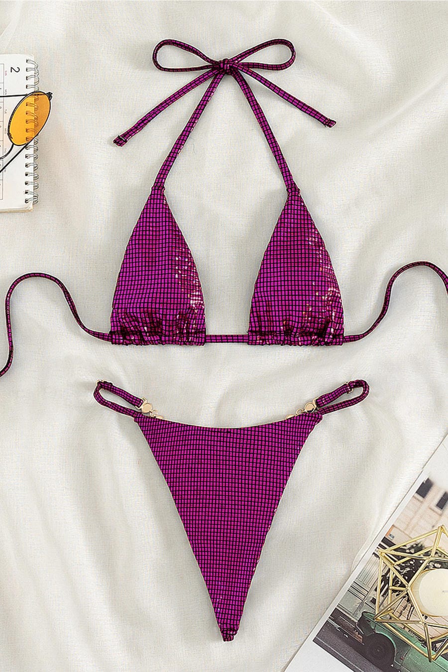 Purple Metallic Mesh Triangle Bikini Set