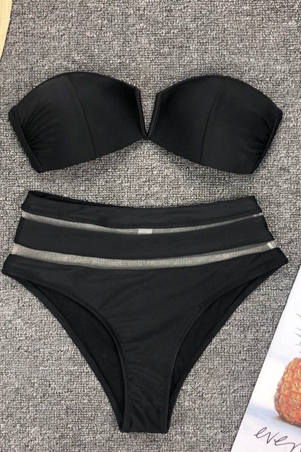 Black Strapless Bandeau High Waisted Bikini Set