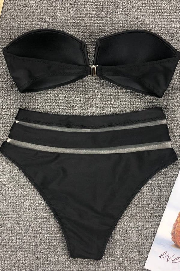 Black Strapless Bandeau High Waisted Bikini Set