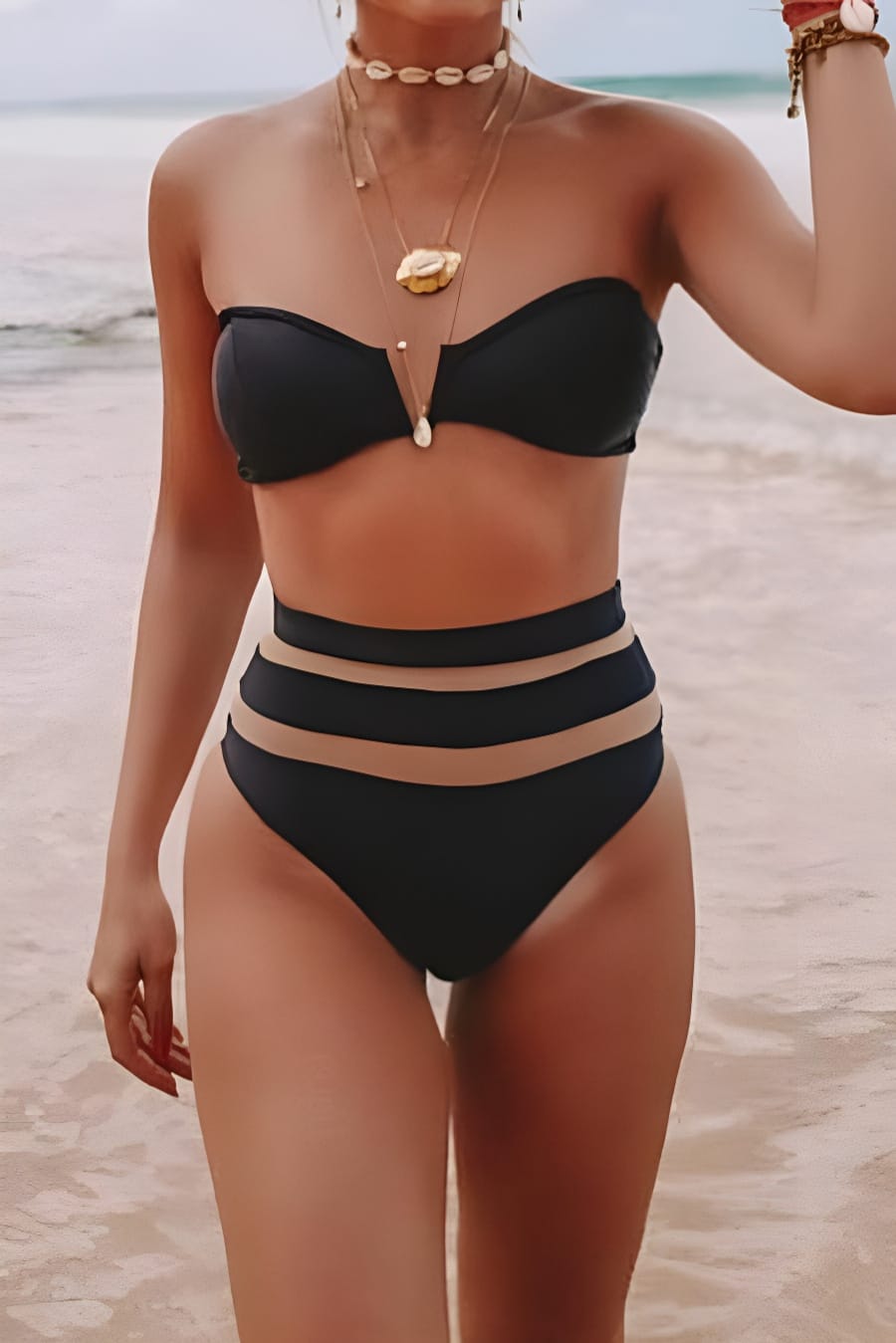 Black Strapless Bandeau High Waisted Bikini Set