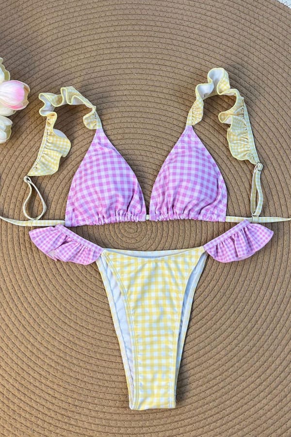 Pink Yellow Gingham Ruffle Bikini