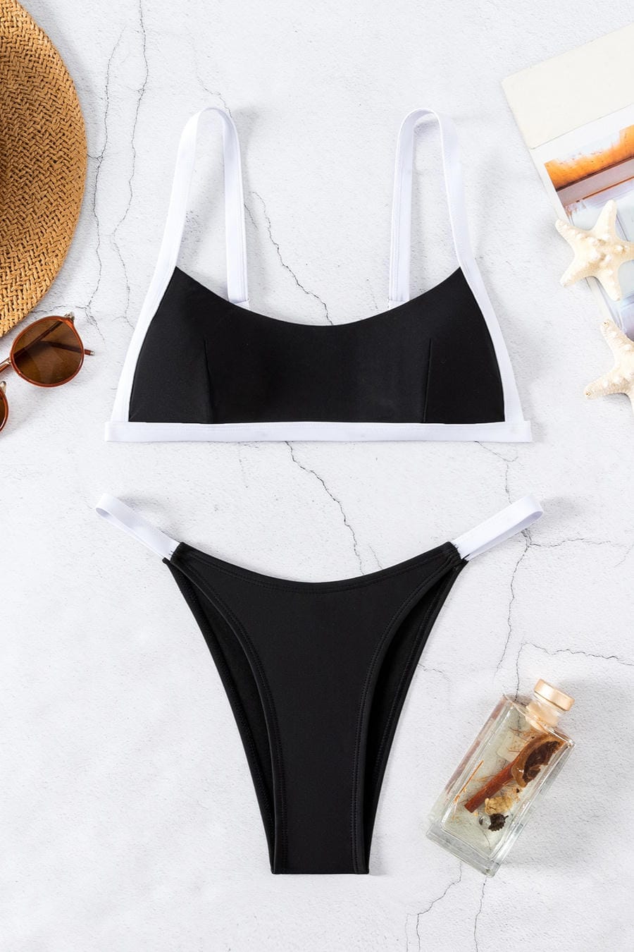 Black Contrast Trim High Cut Bikini Set