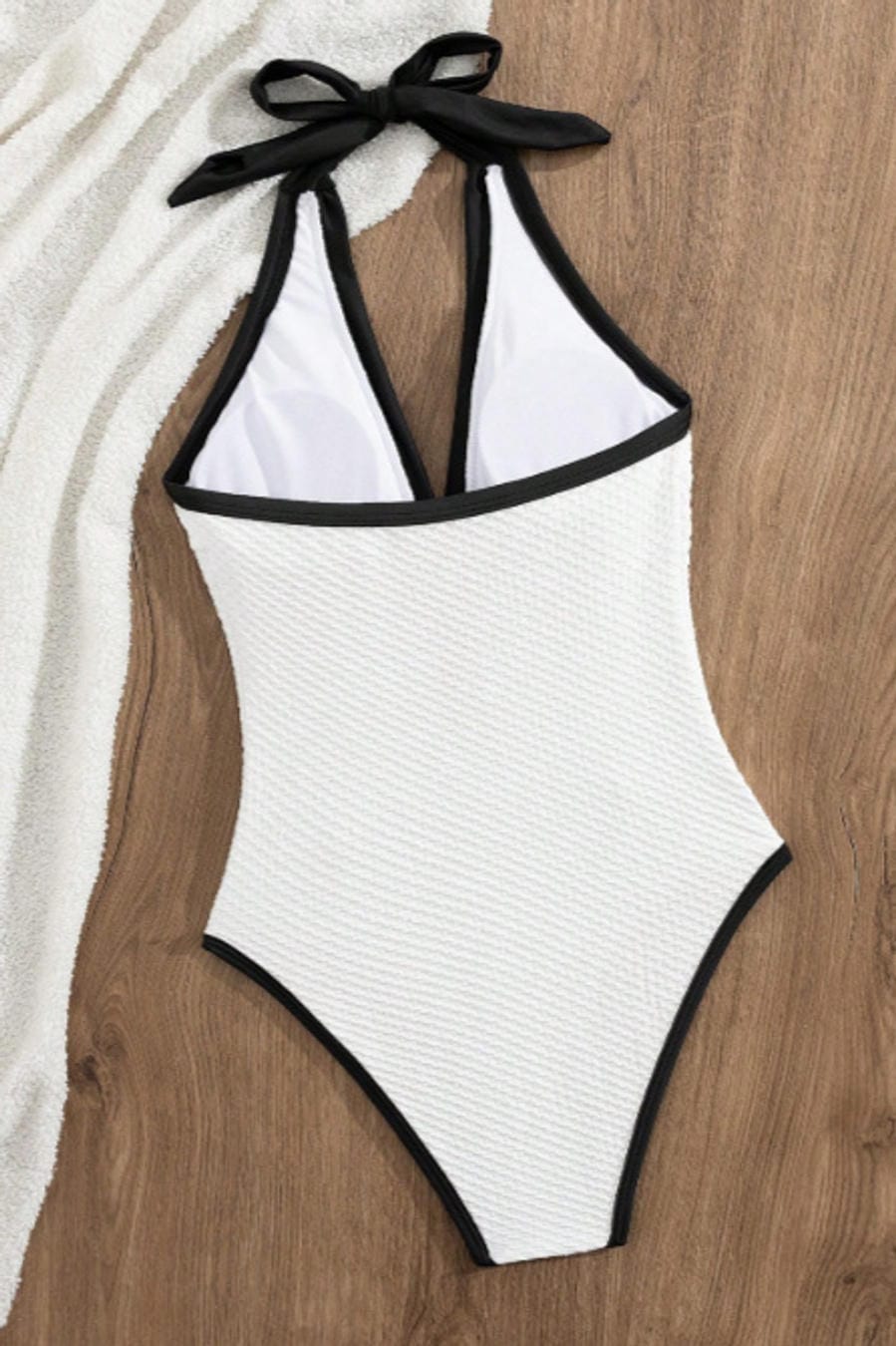 White Black Trim Plunging Halter One Piece Swimsuit