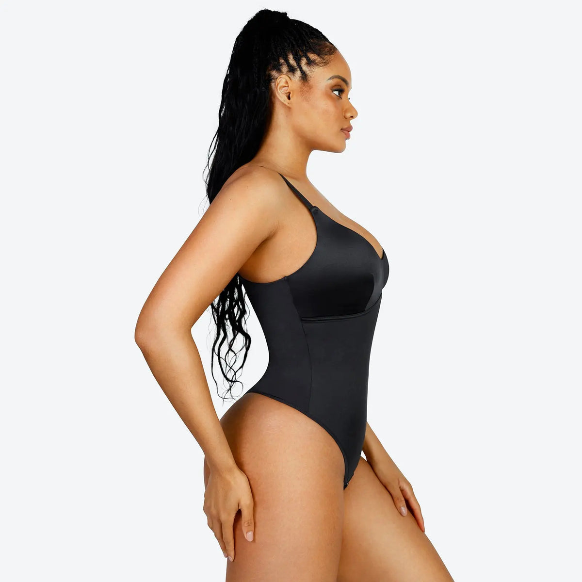 Elegant Satin Shimmer Black Contoured Shaping Bodysuit CocoLolos