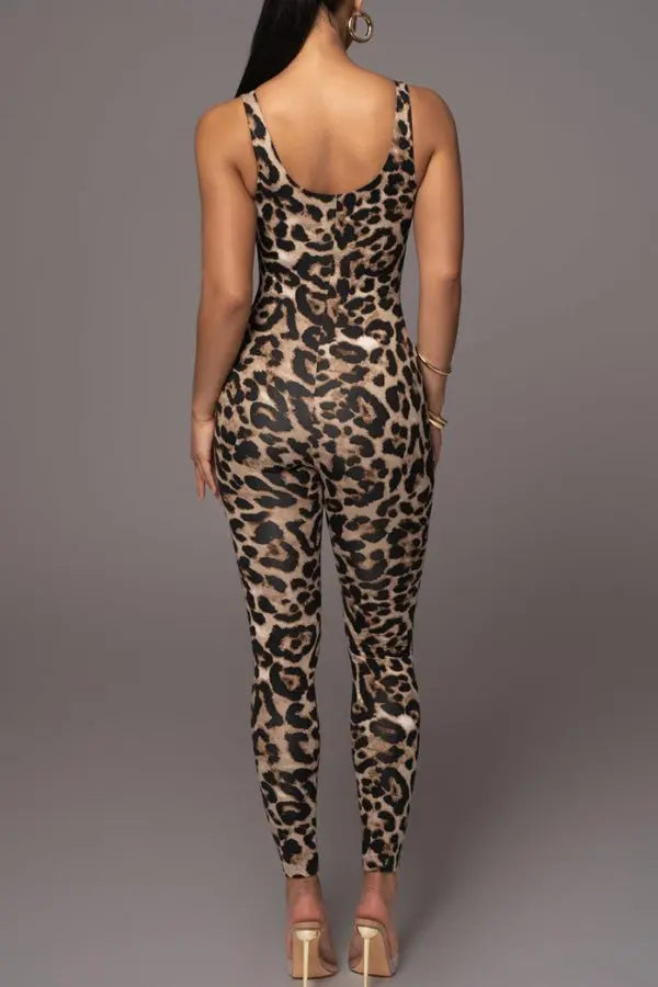 Stretch Leopard Low-Cut Skinny Jumpsuit Lingerie Diva