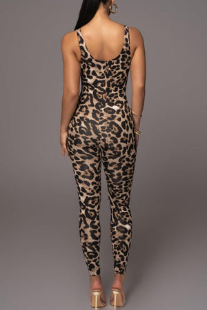 Stretch Leopard Low-Cut Skinny Jumpsuit